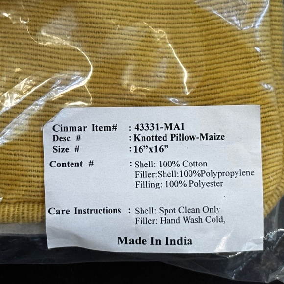 NEW NIP Grandin Road Knotted Throw Pillow Yellow 100% Cotton Cover & Insert 1of2 - Picture 4 of 5